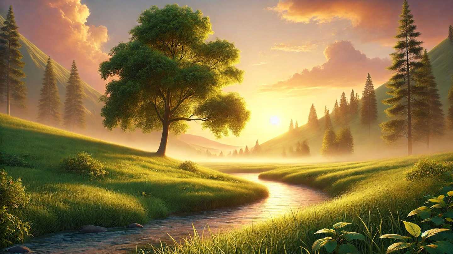 Peaceful sunrise landscape with a river, green fields, and a large tree, symbolizing the nature of love in Bible verses