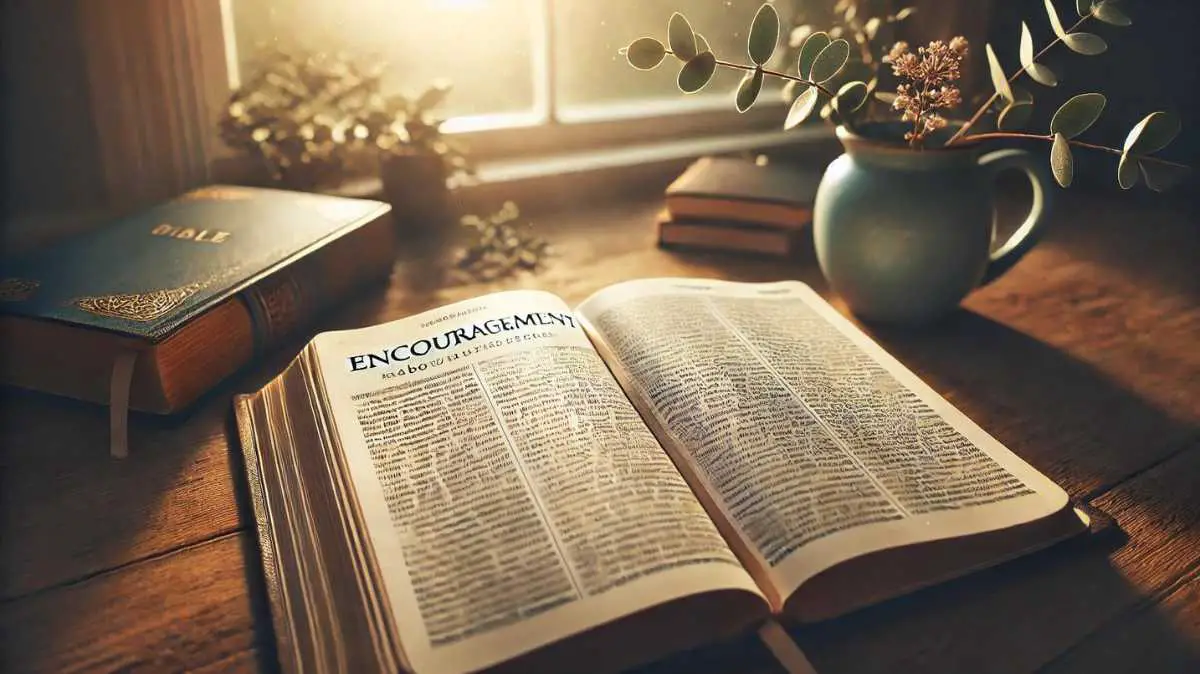 An open Bible with verses about encouragement highlighted, placed on a wooden table with sunlight streaming through a window, creating a serene and peaceful atmosphere.