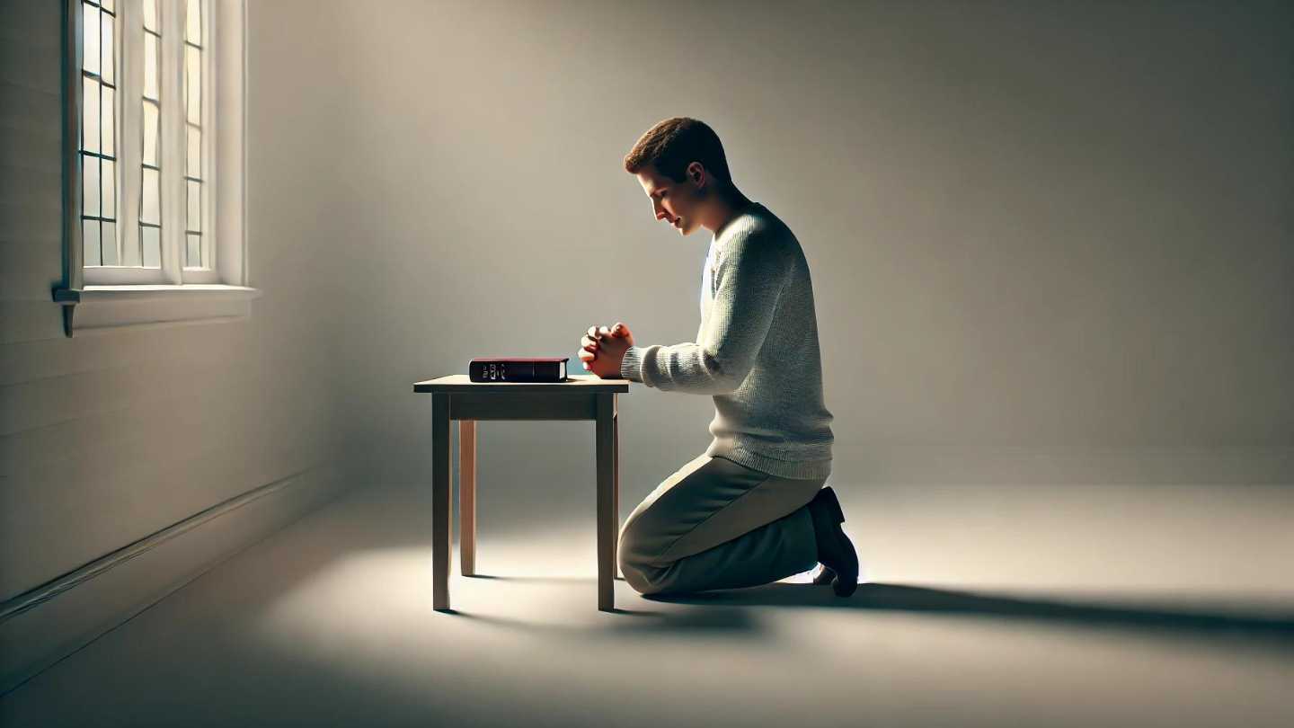 A person kneeling in prayer in a simple, quiet room, symbolizing the Sinner's Prayer.