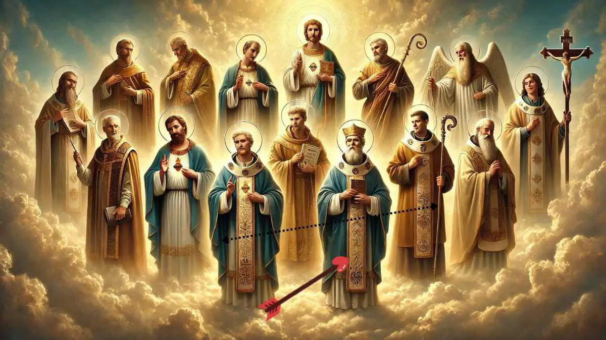 A serene, detailed image of various patron saints standing in a heavenly setting with golden light filtering through clouds, each holding symbolic items of their patronage.