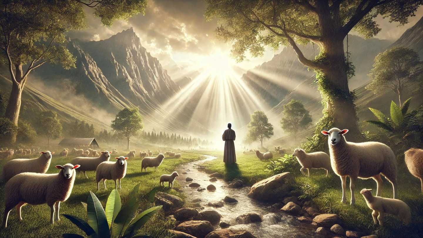 Biblical scene with a person praying among sheep, trees, a stream, and mountains with light shining down.