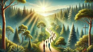 Serene forest path with sunlight, distant mountains, and a diverse group walking, symbolizing a faith journey.