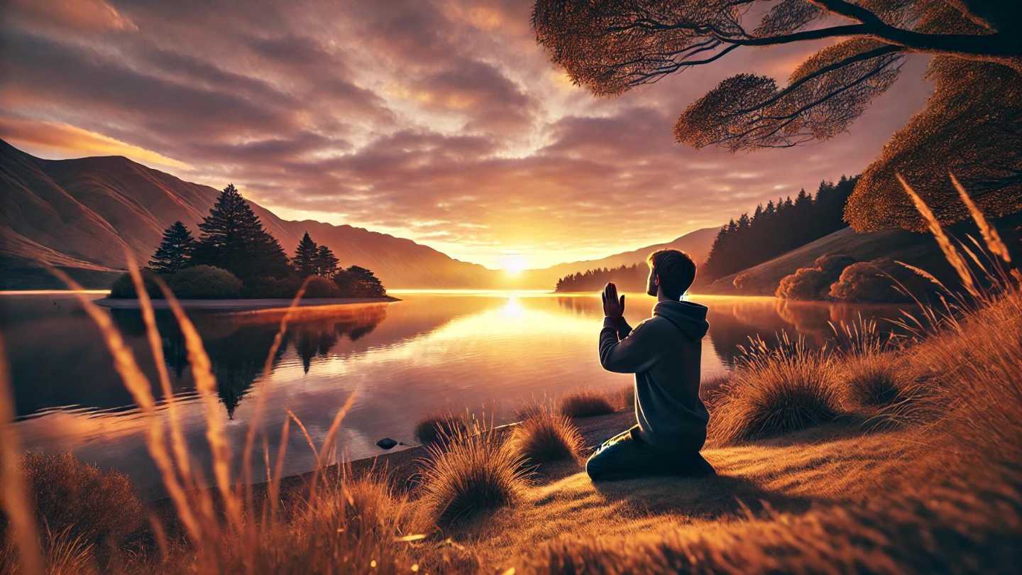 Person praying in a peaceful, serene landscape at sunrise, symbolizing spiritual connection and the practice of prayer.