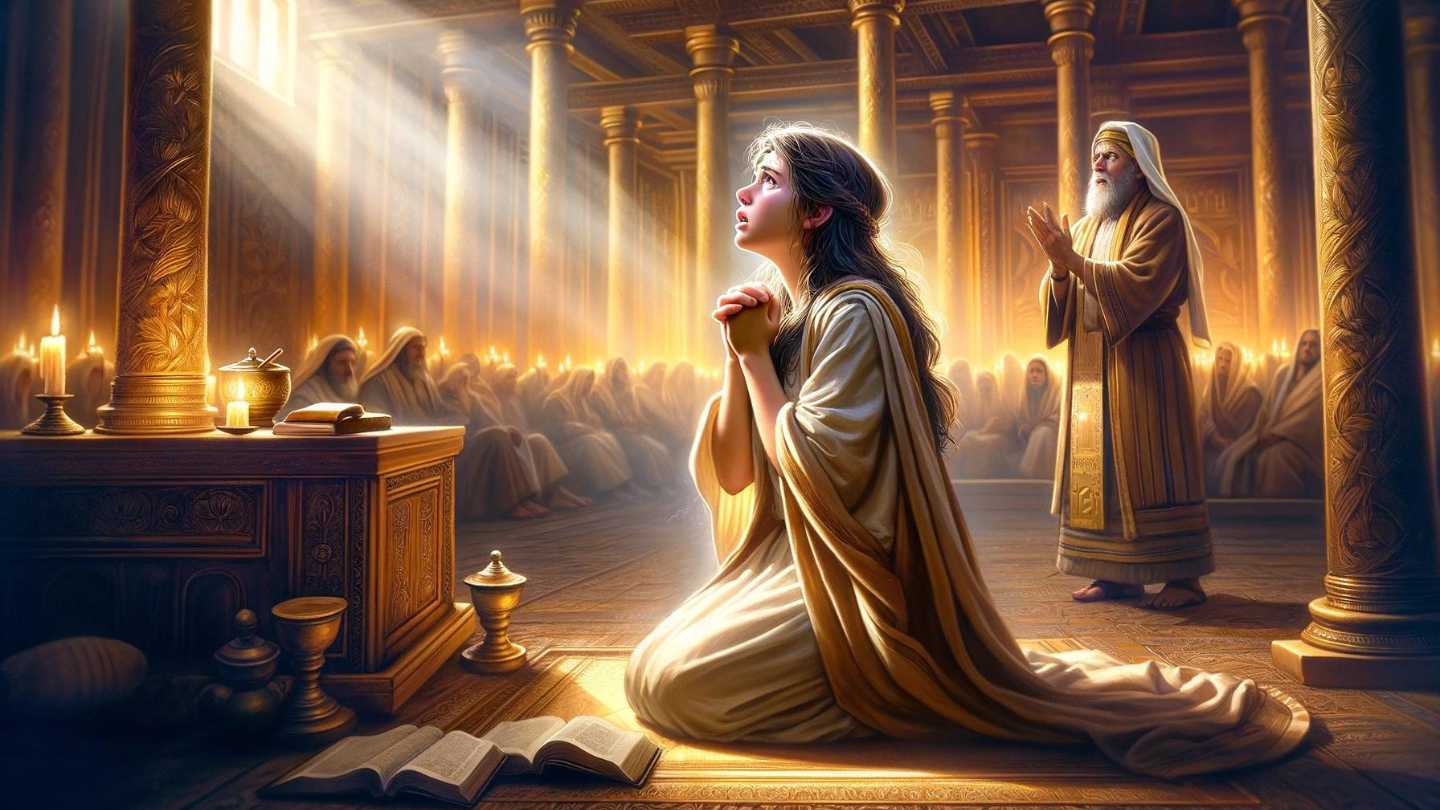 Biblical scene of Hannah praying at the tabernacle in Shiloh with High Priest Eli watching, depicting her deep faith and earnest prayer.