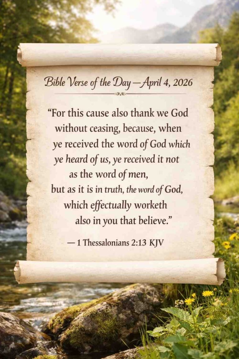 Bible Verse of the Day — April 4, 2026 “For this cause also thank we God without ceasing, because, when ye received the word of God which ye heard of us, ye received it not as the word of men, but as it is in truth, the word of God, which effectually worketh also in you that believe.” — 1 Thessalonians 2:13 KJV